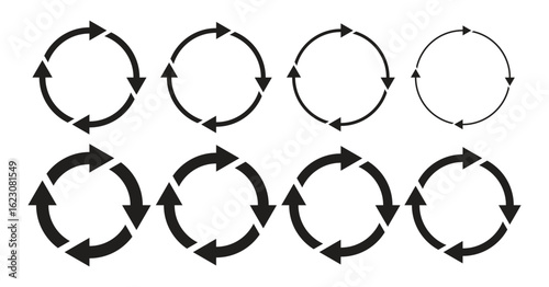 Set of vector icons with four circular arrows. Symbols for refreshing, reloading, recycling, reusing, refilling, and more are isolated on a white background. Circular arrows for web and apps