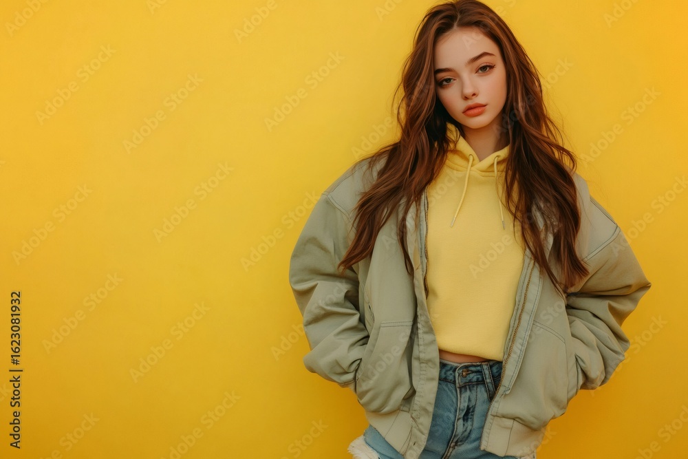 Fashionable teenager with long brown hair posing on vibrant yellow background, wearing oversized hoodie and bomber jacket, showcasing trendy casual style Fashionable teenager with long brown hair posing on vibrant yellow background, wearing oversized hoodie and bomber jacket, showcasing trendy casual style