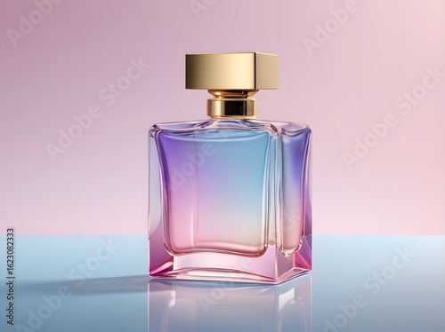 Minimalist Perfume Bottle with Gold Cap on Sunset Gradient Background