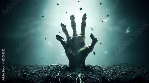 Undead hand rising from grave, dark soil, eerie glow