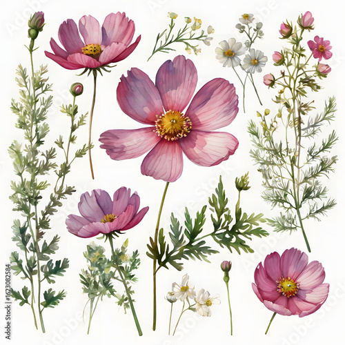 A close-up of beautiful pink and purple flowers with green leaves in white background