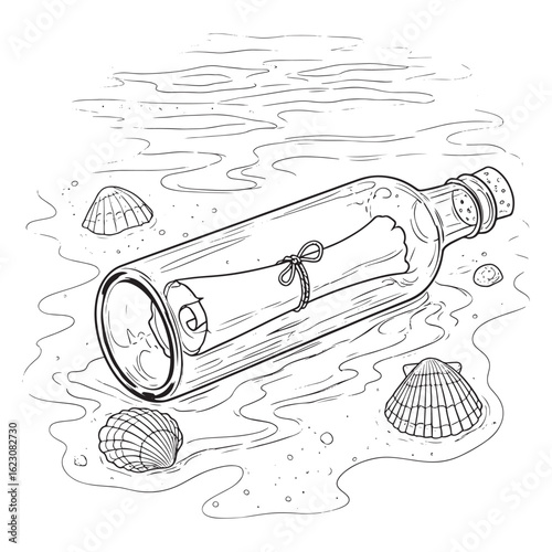 A message in a bottle on the beach with seashells around it colouring page