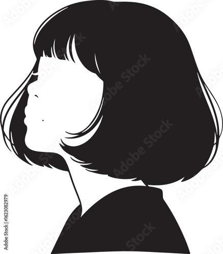 Graphic of a woman in profile with a short bob hairstyle and bangs