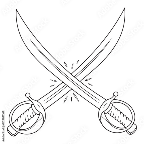 Crossed sabers illustration in black and white outline style colouring page