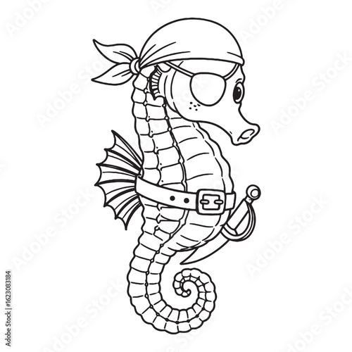 Outlined seahorse pirate with eyepatch and bandana cartoon colouring page