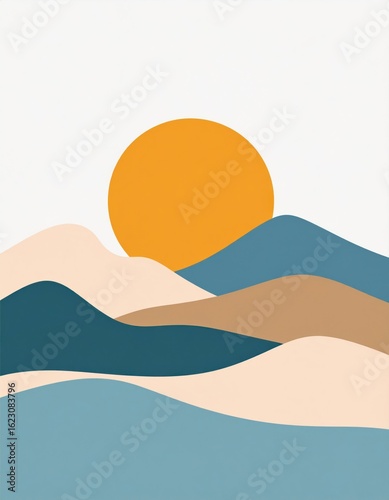 Abstract landscape with sun and mountains