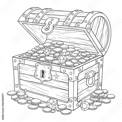 Open treasure chest filled with coins and gems line art colouring page