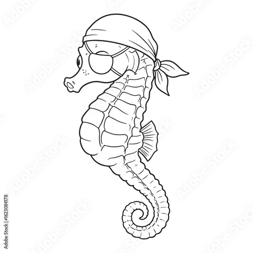 Outline drawing of a seahorse pirate with eye patch and bandana colouring page