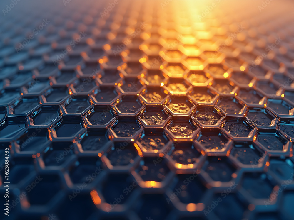 Obraz premium Abstract Honeycomb Tiling, A Captivating Display of Interlocking Hexagons with Shimmering Light Effects and Precise Geometry