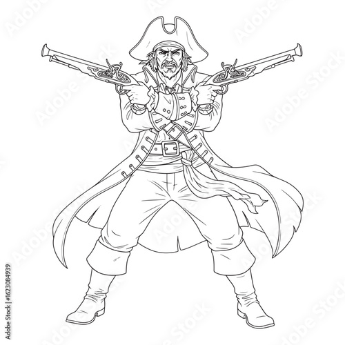 Pirate with pistols drawing in black and white outline art colouring page