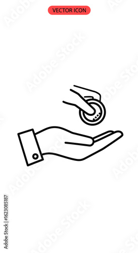 Line Art: Hand Giving Coin to Open Palm, Financial Transaction Icon