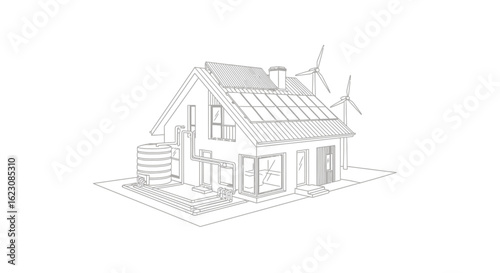 Eco-Friendly House Design: Solar Panels, Wind Turbines, and Water Tank