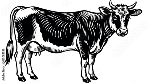 A striking black silhouette of a cow standing in a field against a white background vector design
