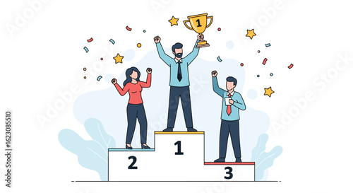 Celebrating a triumphant victory with a golden trophy and confetti showering down on the podium winners