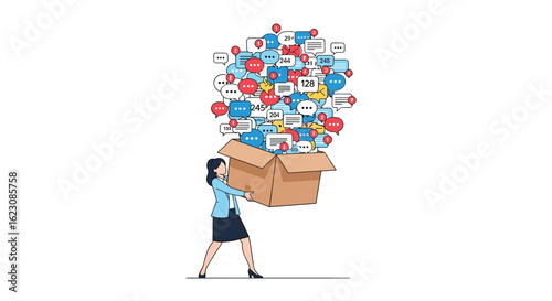 Woman struggling to contain an overwhelming flood of digital content and social media notifications pouring from a cardboard box