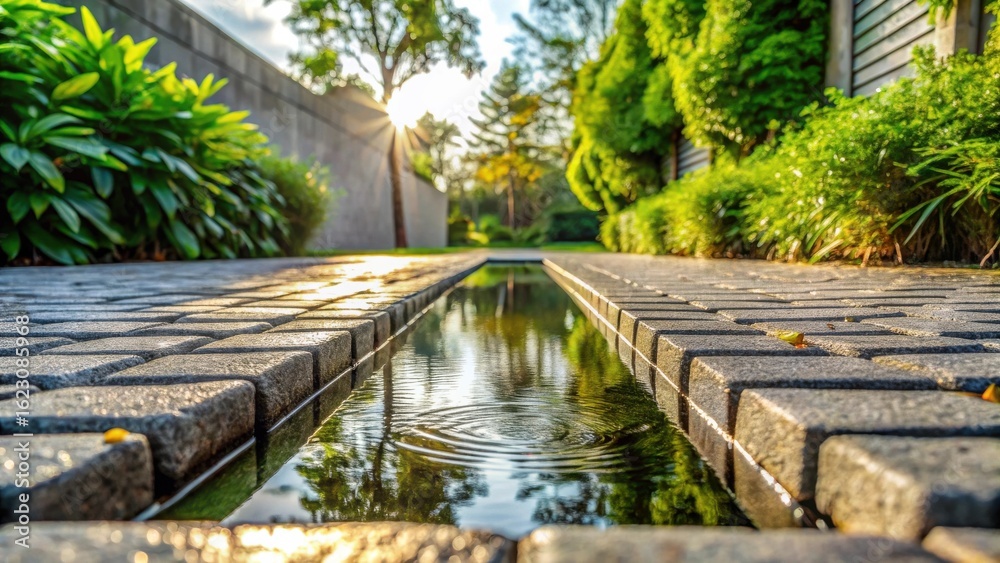 Fototapeta premium Serene Garden Path with Sunlit Water Feature and Lush Greenery