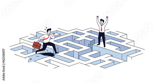 Businessmen navigating a challenging maze with one reaching the goal and celebrating success