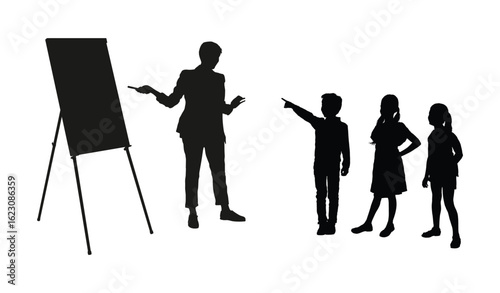 Woman teacher standing at whiteboard teaching children pupils in elementary school black silhouettes isolated on white background.