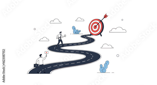 A determined person walks along a winding road towards a bullseye target representing a clear objective