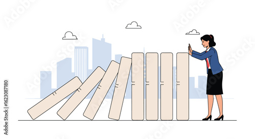 Businesswoman stopping domino effect with wooden blocks preventing financial crisis or risk management concept