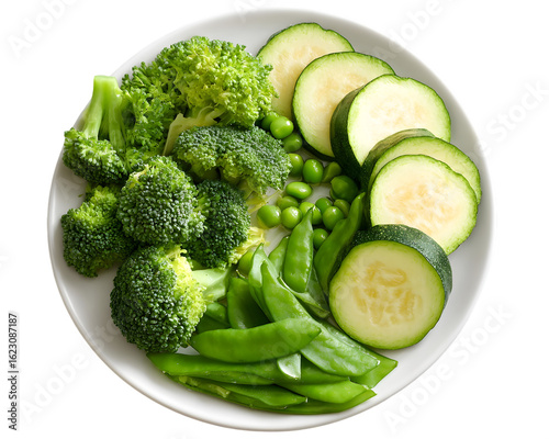 Steamed Broccoli, Cucumber, and Snap Peas, Overhead View