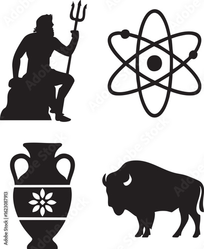 Silhouette icons depicting mythological figure atomic symbol ancient vase and buffalo