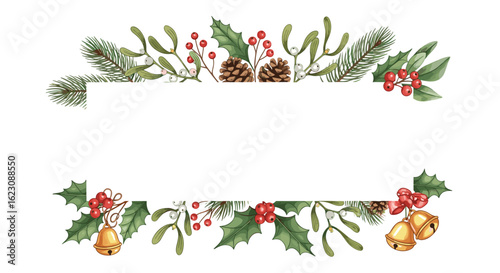 Festive evergreen garland with berries and pinecones adorned with jingle bells for holiday celebrations
