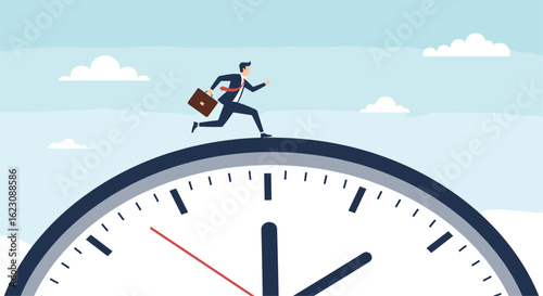 Business professional running on top of a giant clock face against a sky background with clouds representing the passage of time and business urgency