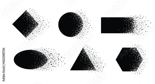 Abstract geometric shapes dissolving into particles creating a visual effect of disintegration and transformation