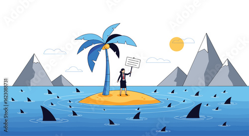A lone business person stands on a deserted island surrounded by sharks while holding a trident in a metaphorical depiction of overwhelming financial challenges and business survival