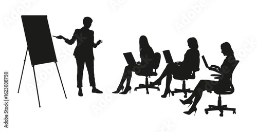 Business presentation at meeting in office graphic vector black silhouette. Team leader or manager giving a presentation standing and pointing on flip chart silhouette.	
