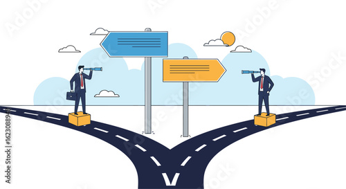 Two businessmen at a fork in the road looking through binoculars at directional signs with blue and yellow signs indicating different directions for future planning and decision making