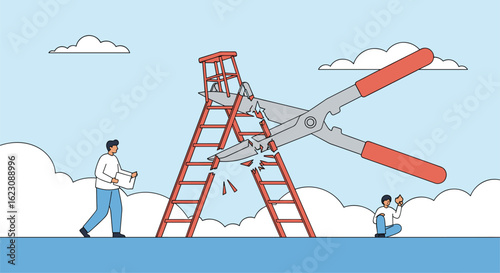 Giant bolt cutters destroying a ladder with people watching the dramatic destruction event
