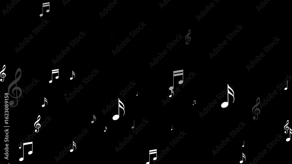 musical notes flying alpha channel animation, white notas music and song isolated overlay social media motion design element