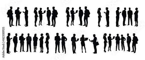 Business team meeting and talk to each others in different poses black silhouette.