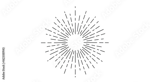 Abstract geometric sunburst design with radial lines and dotted patterns emphasizing light and energy