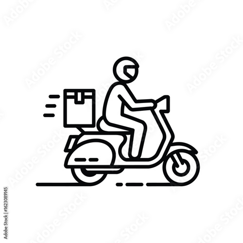 Delivery man riding scooter with package outline icon style illustration