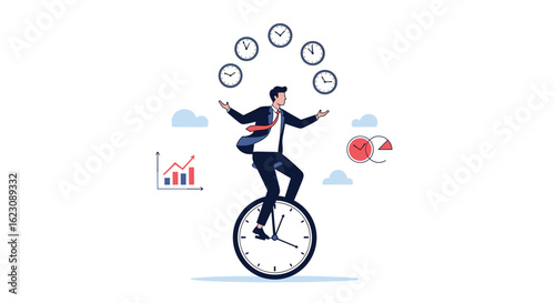 Mastering time management balancing multiple priorities juggling clocks on a unicycle symbolizing business success and efficiency