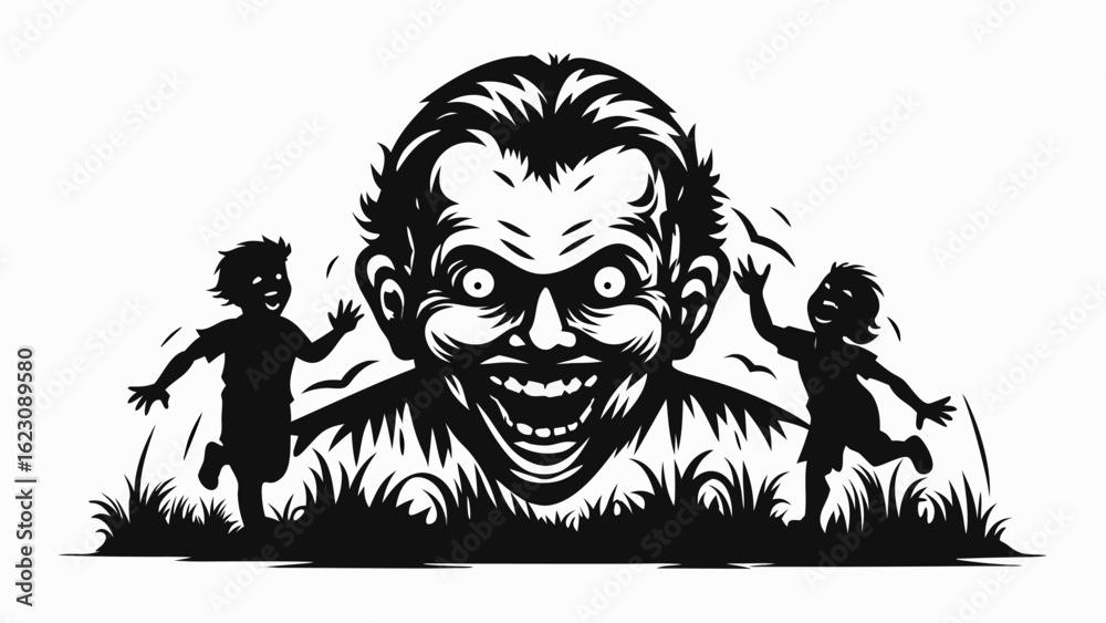 Fototapeta premium Two children run from a large grinning face emerging from grass in a black and white illustration silhouette