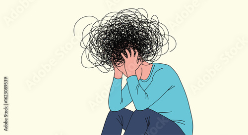 Illustrative depiction of a person experiencing overwhelming thoughts and mental distress with their hands covering their face in despair