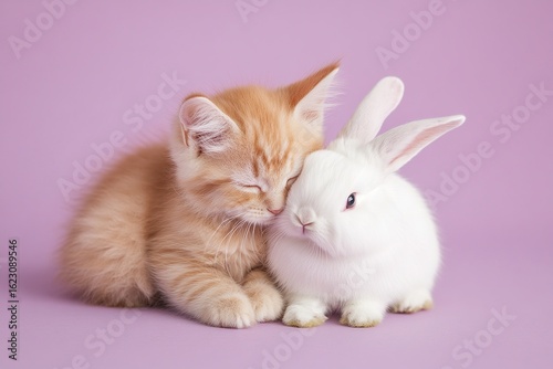Kitten and rabbit cuddling against pink background. Fluffy adorable pets together showing companionship and gentle affection.