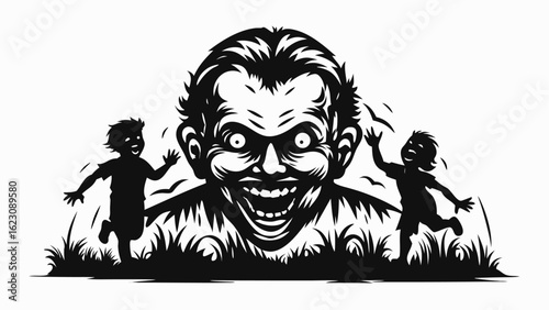 Two children run from a large grinning face emerging from grass in a black and white illustration silhouette