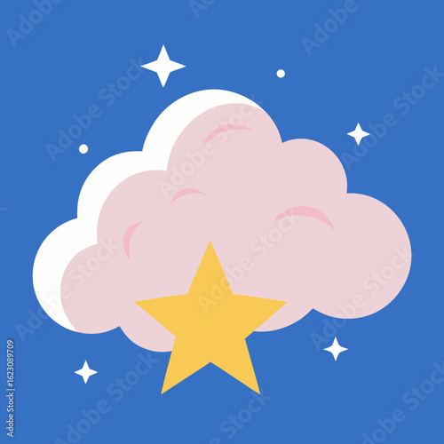 Cute cartoon fluffy pink cloud with a yellow star and sparkling stars in a blue night sky