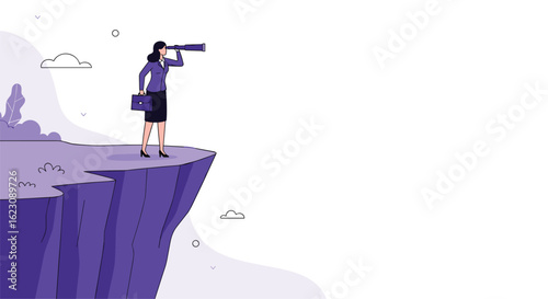 A businesswoman stands on a cliff edge looking through a telescope at the distant horizon in search of new opportunities and future growth