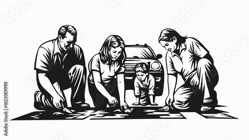 Family working on a puzzle together in front of a car with a child looking on in black and white art silhouette