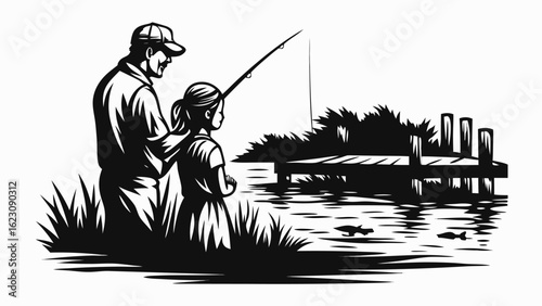 A dad and daughter fishing together by a lake with a pier and fish in the water in a black and white scene silhouette