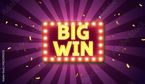 Big win neon sign with confetti and spotlight background