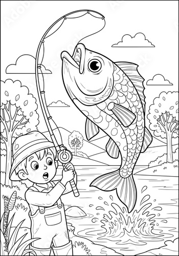 The boy caught a huge fish. coloring book