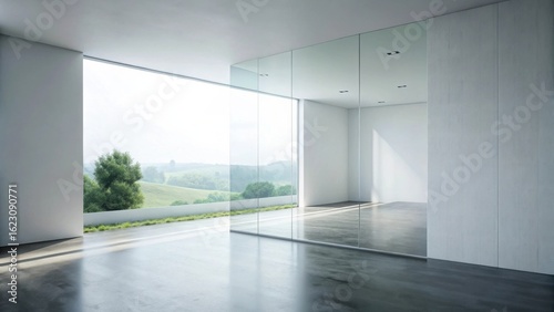 Modern minimalist interior design showcasing expansive glass wall, serene landscape view, polished concrete floor, and sleek mirrored partition.