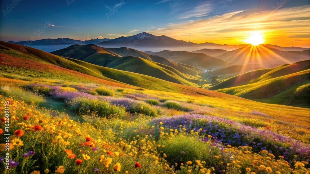 Fototapeta premium Golden Hour's Embrace Serene Sunset Over Rolling Hills Adorned with Vibrant Wildflower Meadow